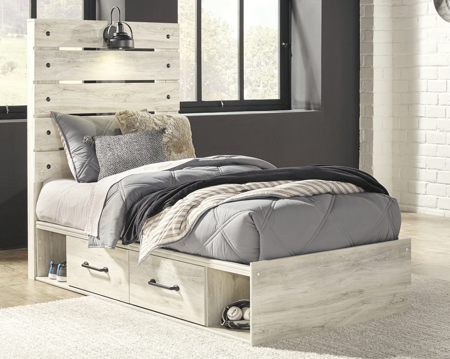 Cambeck  Panel Bed With 4 Storage Drawers With Mirrored Dresser And 2 Nightstands