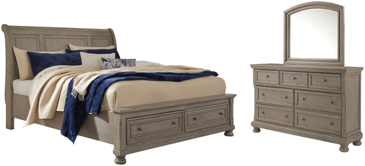 Lettner California King Sleigh Bed with Mirrored Dresser