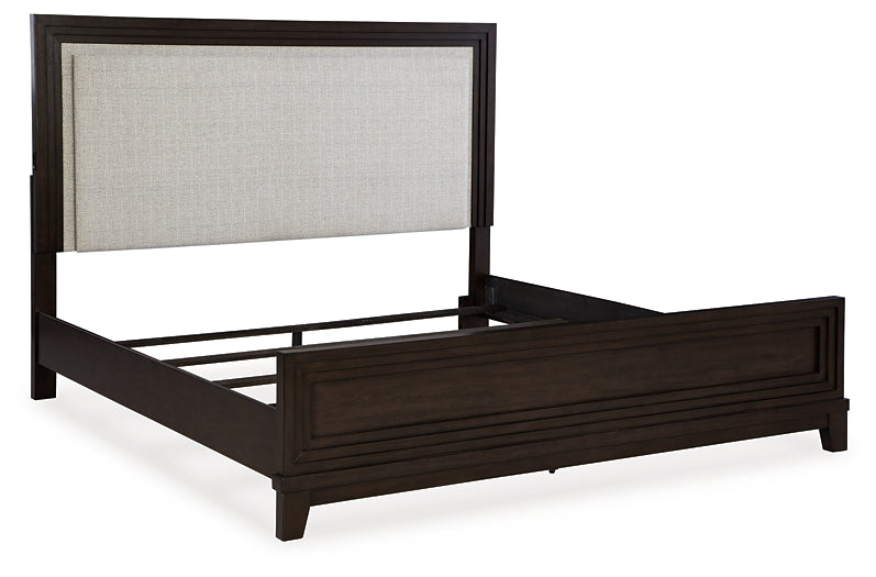 Neymorton California King Upholstered Panel Bed with Mirrored Dresser and Nightstand