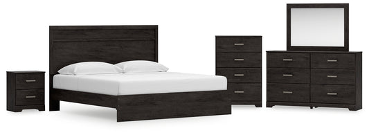 Belachime King Panel Bed with Mirrored Dresser, Chest and Nightstand